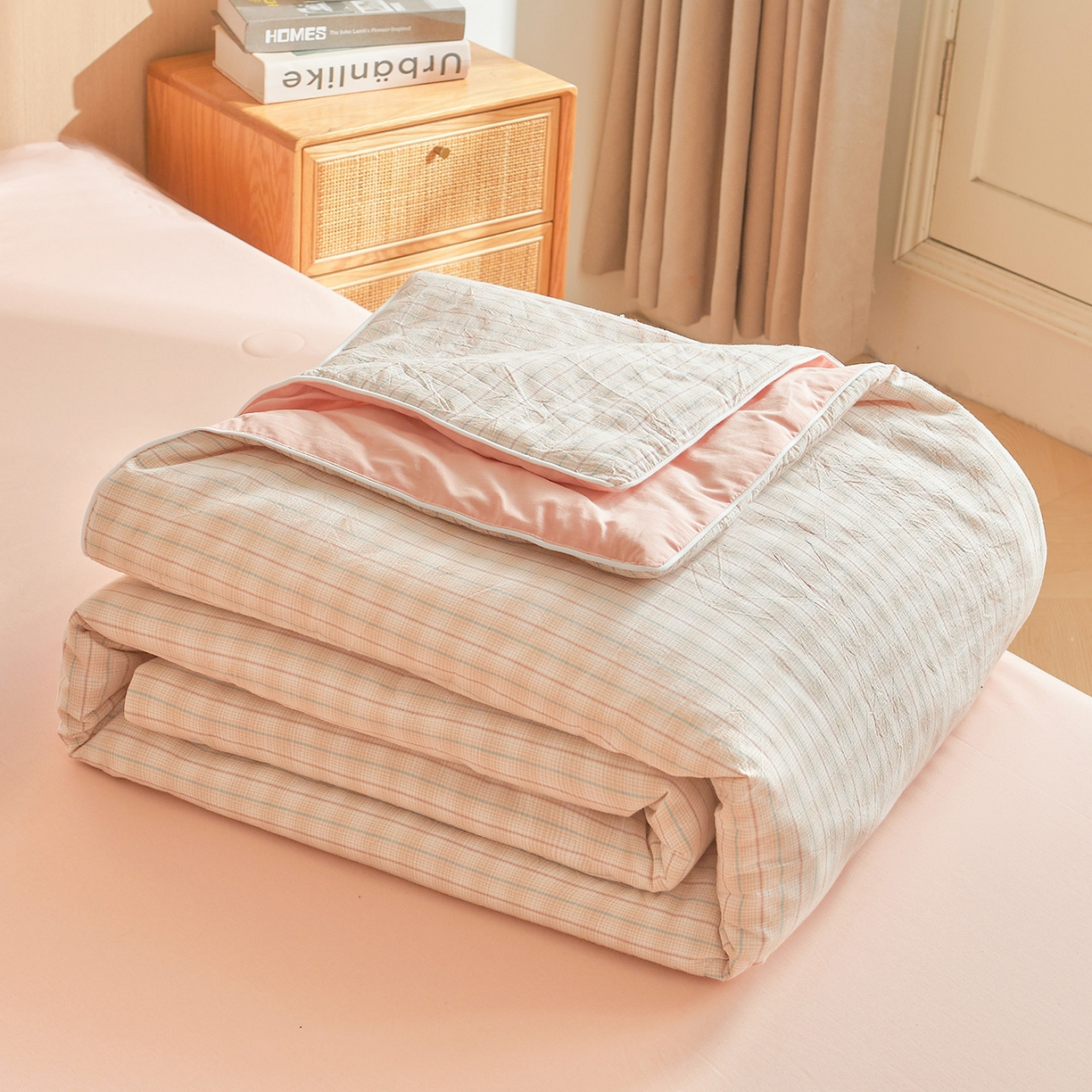 91家纺网 家纺一手货源 找家纺 金喜 2026新款A类全棉色织水洗棉夏被夏凉被 柠檬粉