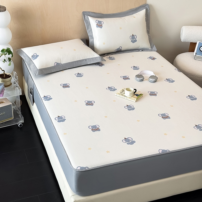 91家纺网 家纺一手货源 找家纺 懒猫家纺 2026新款高精密冰丝抗菌防螨床席床笠凉席 蓝色小象床笠