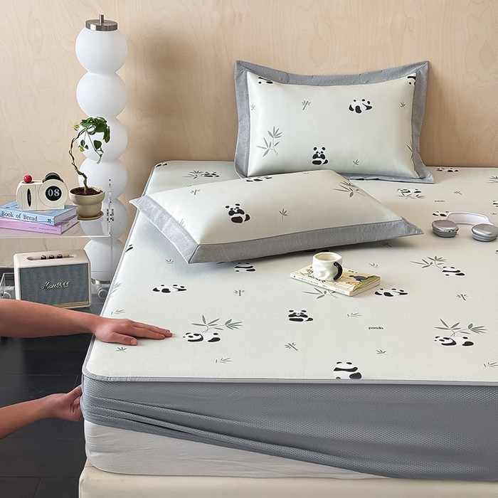 懒猫家纺 2026新款高精密冰丝抗菌防螨床席床笠凉席 熊猫乐园-绿床笠