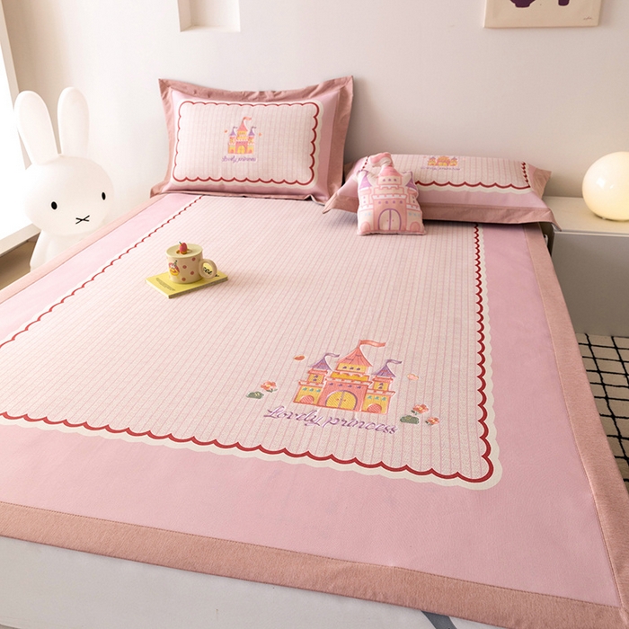 91家纺网 家纺一手货源 找家纺 懒猫家纺 2026新款1200D冰丝印花刺绣凉席床笠款床席款 城堡-床席款