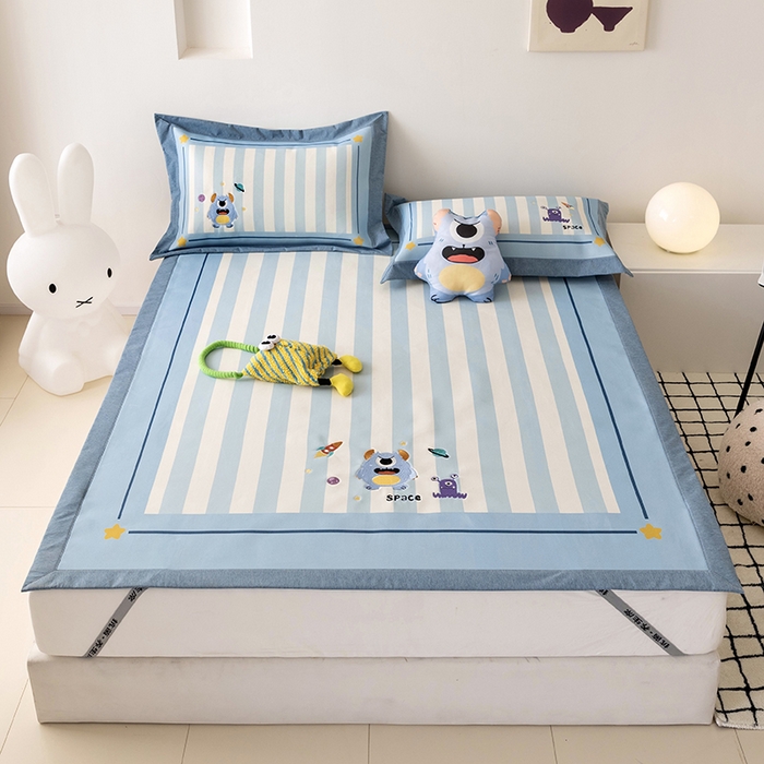 懒猫家纺 2026新款1200D冰丝印花刺绣凉席床笠款床席款 怪兽星球-床席款