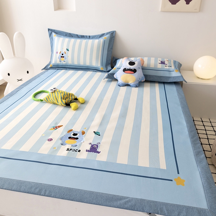 91家纺网 家纺一手货源 找家纺 懒猫家纺 2026新款1200D冰丝印花刺绣凉席床笠款床席款 怪兽星球-床席款