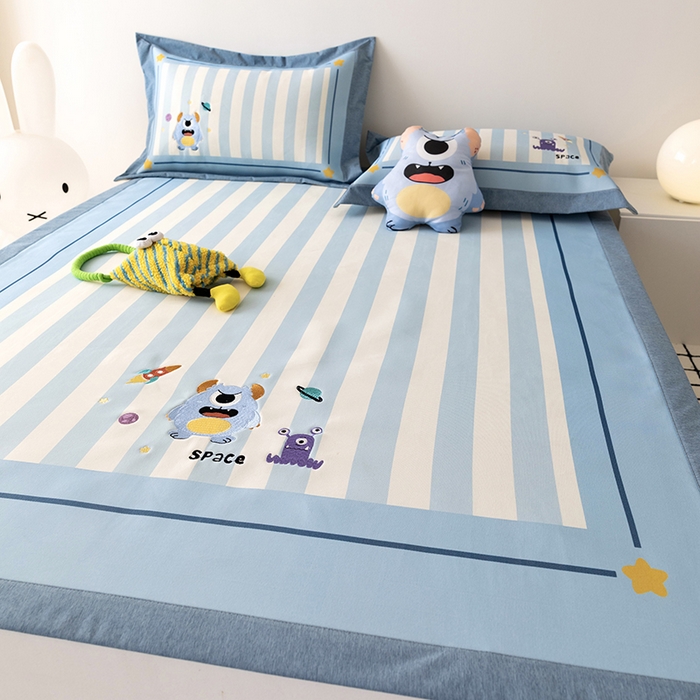 91家纺网 家纺一手货源 找家纺 懒猫家纺 2026新款1200D冰丝印花刺绣凉席床笠款床席款 怪兽星球-床席款