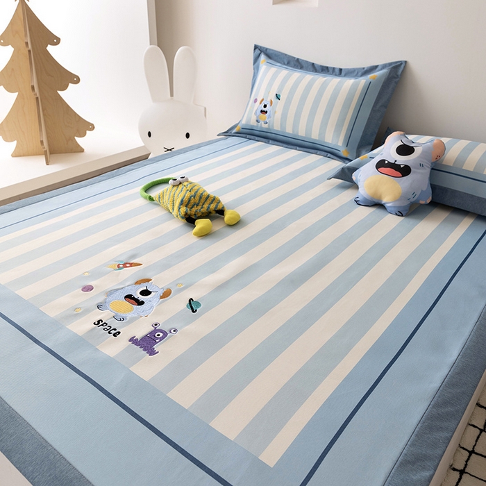 91家纺网 家纺一手货源 找家纺 懒猫家纺 2026新款1200D冰丝印花刺绣凉席床笠款床席款 怪兽星球-床席款