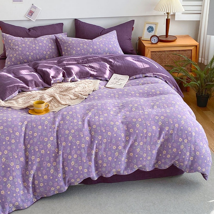 91家纺网 家纺一手货源 找家纺 春皖家纺 2026新款全棉纯棉拉链款双层纱四件套 雪花飘