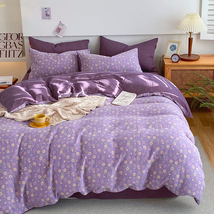 91家纺网 家纺一手货源 找家纺 春皖家纺 2026新款全棉纯棉拉链款双层纱四件套 雪花飘