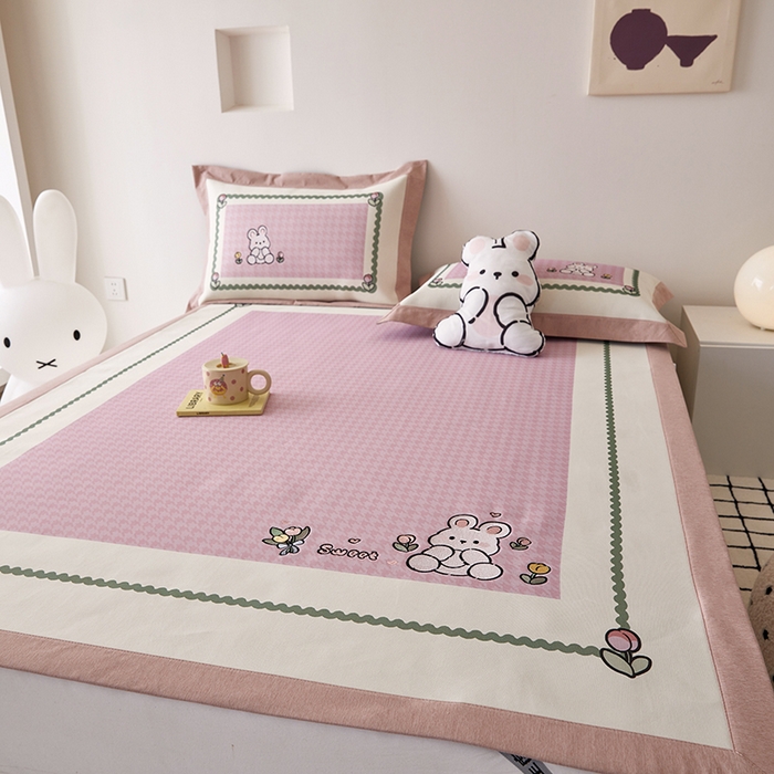 91家纺网 家纺一手货源 找家纺 懒猫家纺 2026新款1200D冰丝印花刺绣凉席床笠款床席款 花园小兔-床席款