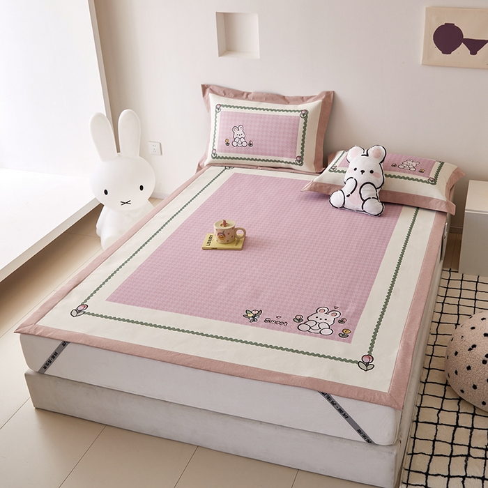 91家纺网 家纺一手货源 找家纺 懒猫家纺 2026新款1200D冰丝印花刺绣凉席床笠款床席款 花园小兔-床席款