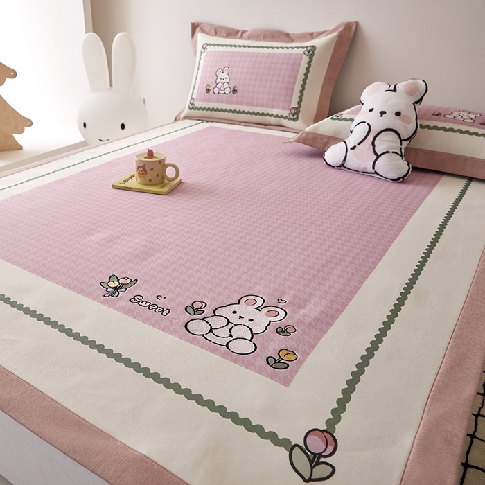 91家纺网 家纺一手货源 找家纺 懒猫家纺 2026新款1200D冰丝印花刺绣凉席床笠款床席款 花园小兔-床席款