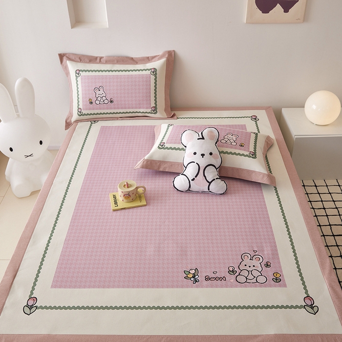 91家纺网 家纺一手货源 找家纺 懒猫家纺 2026新款1200D冰丝印花刺绣凉席床笠款床席款 花园小兔-床席款