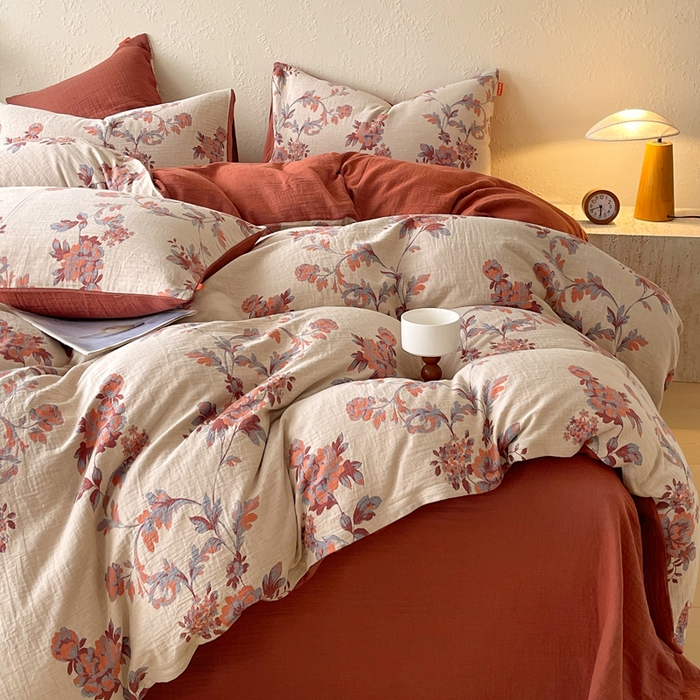 91家纺网 家纺一手货源 找家纺 春皖家纺 2026新款全棉纯棉拉链款双层纱四件套 一丈红