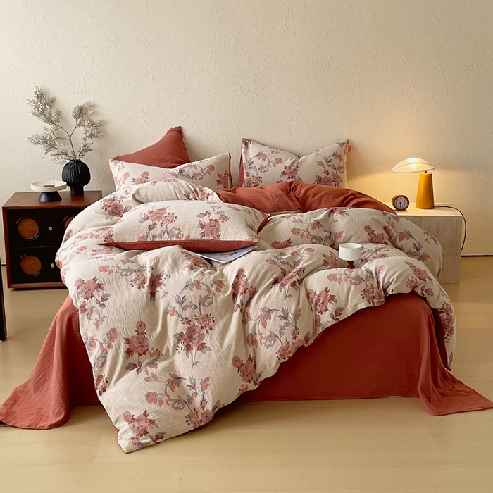 91家纺网 家纺一手货源 找家纺 春皖家纺 2026新款全棉纯棉拉链款双层纱四件套 一丈红