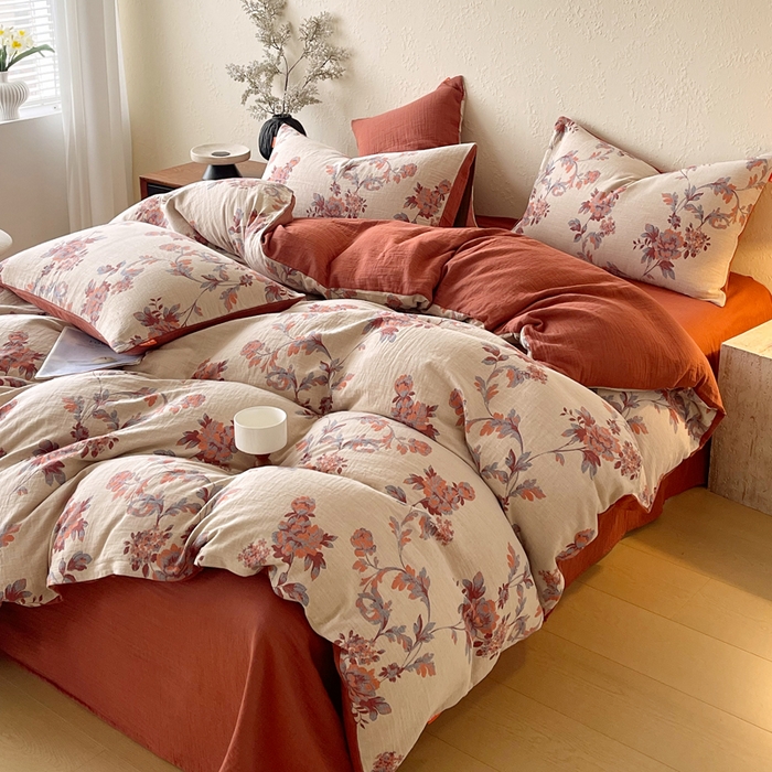 91家纺网 家纺一手货源 找家纺 春皖家纺 2026新款全棉纯棉拉链款双层纱四件套 一丈红