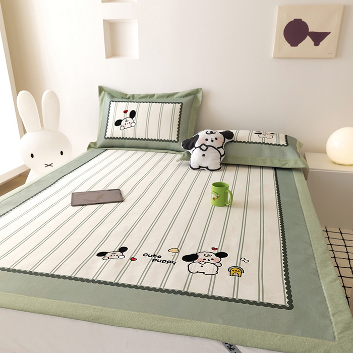 91家纺网 家纺一手货源 找家纺 懒猫家纺 2026新款1200D冰丝印花刺绣凉席床笠款床席款 可爱修狗-床席款