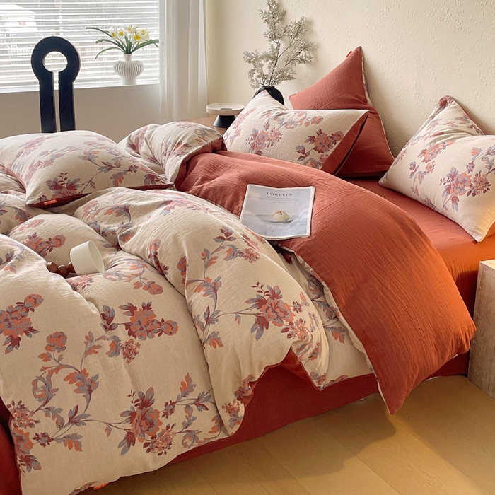 91家纺网 家纺一手货源 找家纺 春皖家纺 2026新款全棉纯棉拉链款双层纱四件套 一丈红