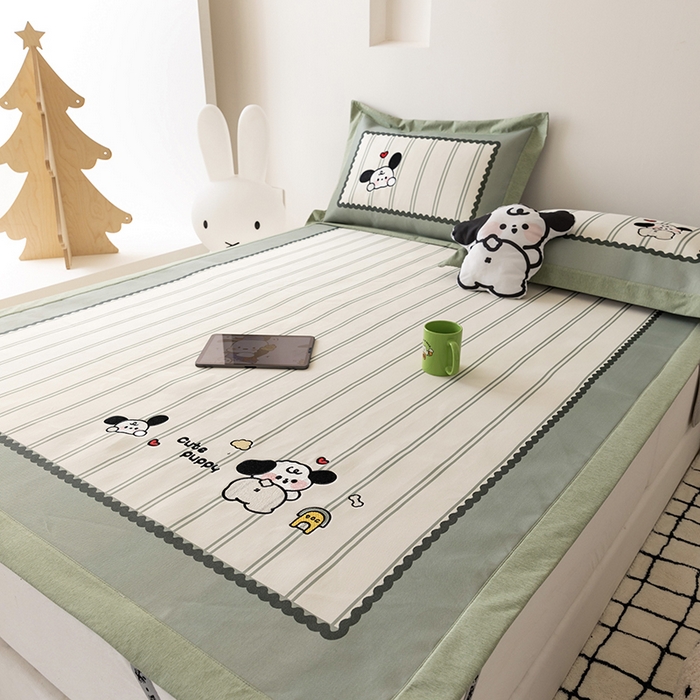 91家纺网 家纺一手货源 找家纺 懒猫家纺 2026新款1200D冰丝印花刺绣凉席床笠款床席款 可爱修狗-床席款