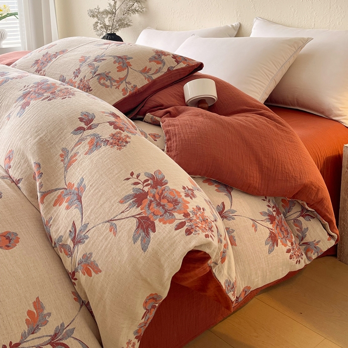 91家纺网 家纺一手货源 找家纺 春皖家纺 2026新款全棉纯棉拉链款双层纱四件套 一丈红