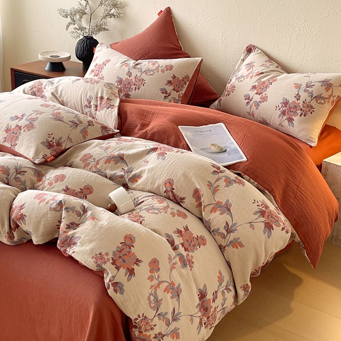 91家纺网 家纺一手货源 找家纺 春皖家纺 2026新款全棉纯棉拉链款双层纱四件套 一丈红