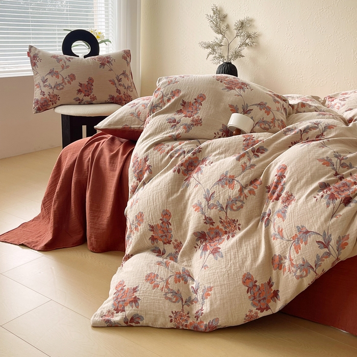 91家纺网 家纺一手货源 找家纺 春皖家纺 2026新款全棉纯棉拉链款双层纱四件套 一丈红