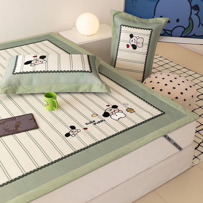 91家纺网 家纺一手货源 找家纺 懒猫家纺 2026新款1200D冰丝印花刺绣凉席床笠款床席款 可爱修狗-床席款