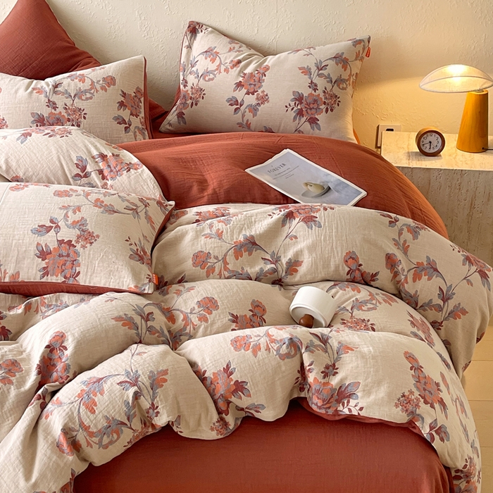 91家纺网 家纺一手货源 找家纺 春皖家纺 2026新款全棉纯棉拉链款双层纱四件套 一丈红