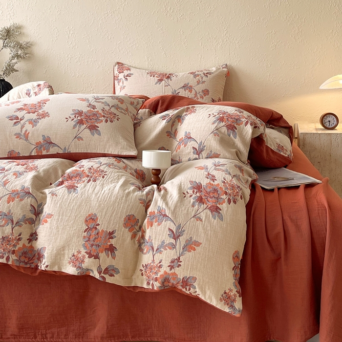 91家纺网 家纺一手货源 找家纺 春皖家纺 2026新款全棉纯棉拉链款双层纱四件套 一丈红