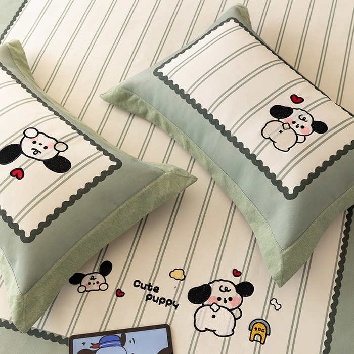 91家纺网 家纺一手货源 找家纺 懒猫家纺 2026新款1200D冰丝印花刺绣凉席床笠款床席款 可爱修狗-床席款