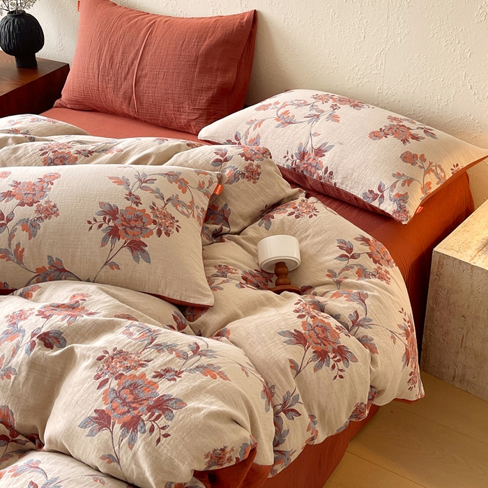 91家纺网 家纺一手货源 找家纺 春皖家纺 2026新款全棉纯棉拉链款双层纱四件套 一丈红