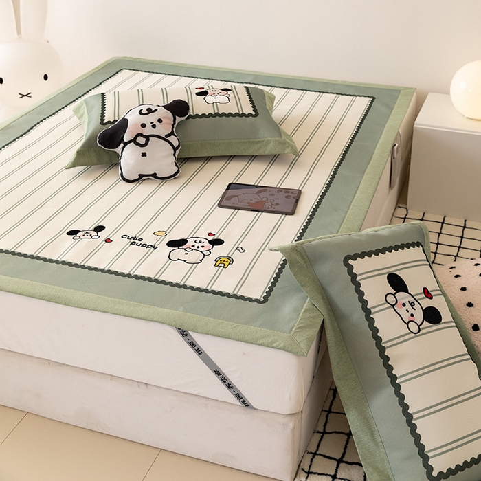 91家纺网 家纺一手货源 找家纺 懒猫家纺 2026新款1200D冰丝印花刺绣凉席床笠款床席款 可爱修狗-床席款