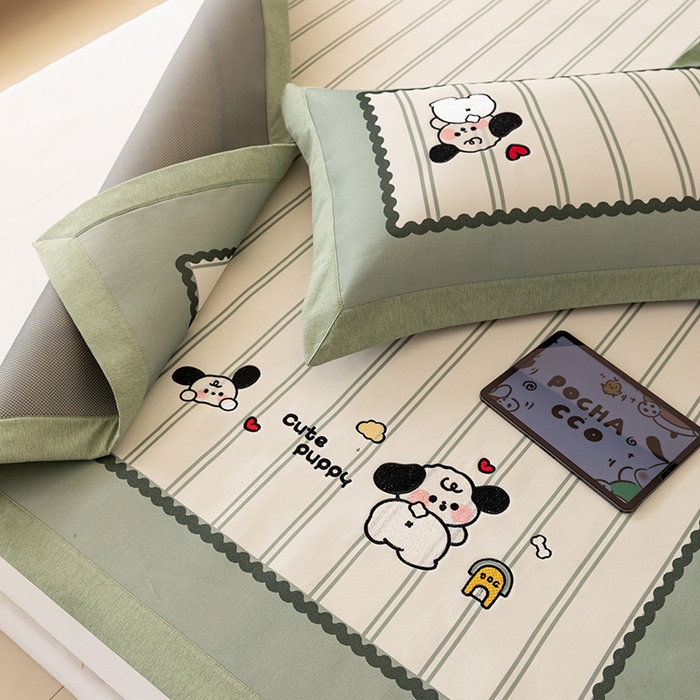 91家纺网 家纺一手货源 找家纺 懒猫家纺 2026新款1200D冰丝印花刺绣凉席床笠款床席款 可爱修狗-床席款