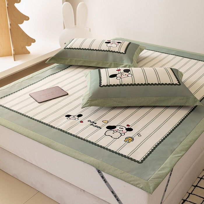 91家纺网 家纺一手货源 找家纺 懒猫家纺 2026新款1200D冰丝印花刺绣凉席床笠款床席款 可爱修狗-床席款