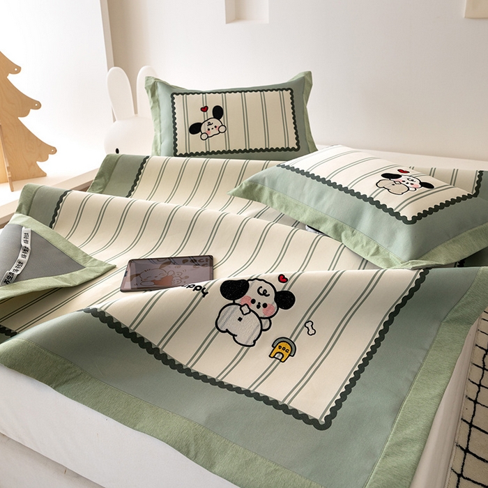 91家纺网 家纺一手货源 找家纺 懒猫家纺 2026新款1200D冰丝印花刺绣凉席床笠款床席款 可爱修狗-床席款