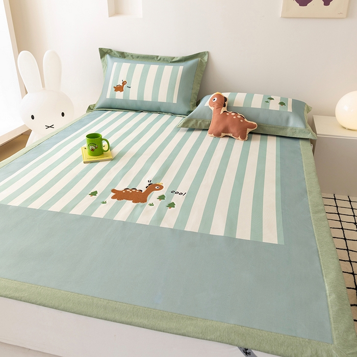 91家纺网 家纺一手货源 找家纺 懒猫家纺 2026新款1200D冰丝印花刺绣凉席床笠款床席款 酷酷恐龙-床席款