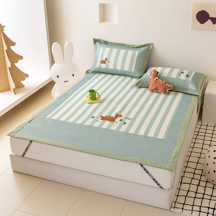 91家纺网 家纺一手货源 找家纺 懒猫家纺 2026新款1200D冰丝印花刺绣凉席床笠款床席款 酷酷恐龙-床席款