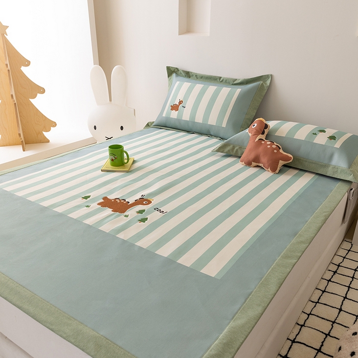 91家纺网 家纺一手货源 找家纺 懒猫家纺 2026新款1200D冰丝印花刺绣凉席床笠款床席款 酷酷恐龙-床席款