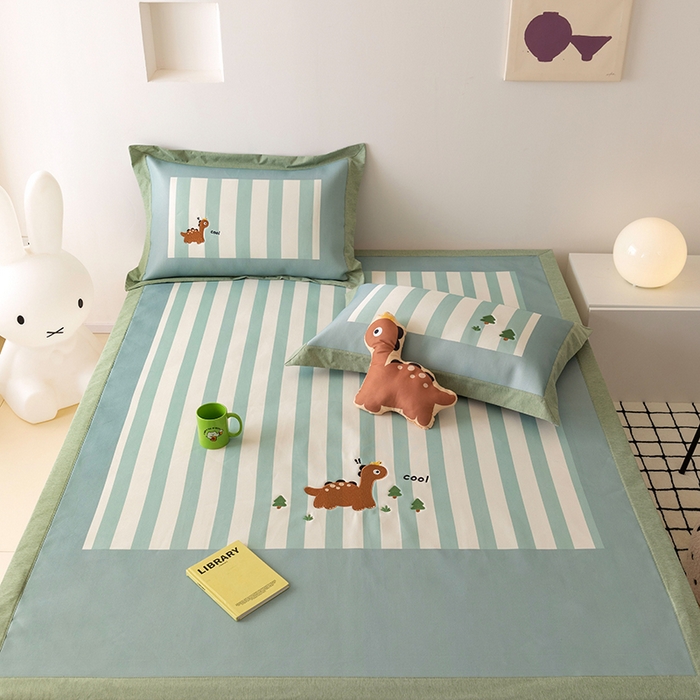 91家纺网 家纺一手货源 找家纺 懒猫家纺 2026新款1200D冰丝印花刺绣凉席床笠款床席款 酷酷恐龙-床席款