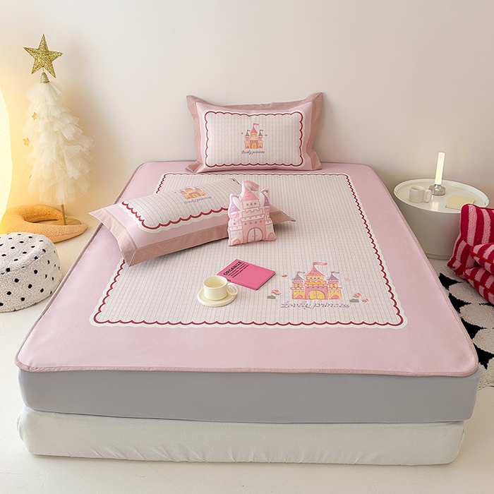 懒猫家纺 2026新款1200D冰丝印花刺绣凉席床笠款床席款 城堡-床笠款