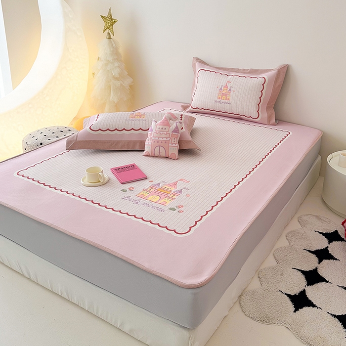 91家纺网 家纺一手货源 找家纺 懒猫家纺 2026新款1200D冰丝印花刺绣凉席床笠款床席款 城堡-床笠款