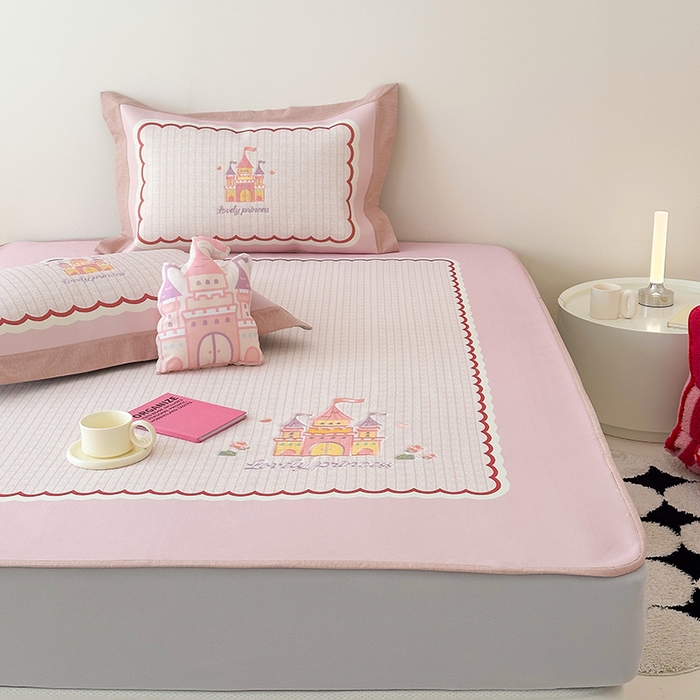 91家纺网 家纺一手货源 找家纺 懒猫家纺 2026新款1200D冰丝印花刺绣凉席床笠款床席款 城堡-床笠款