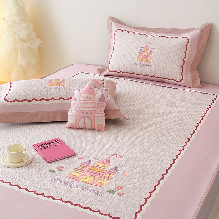 91家纺网 家纺一手货源 找家纺 懒猫家纺 2026新款1200D冰丝印花刺绣凉席床笠款床席款 城堡-床笠款