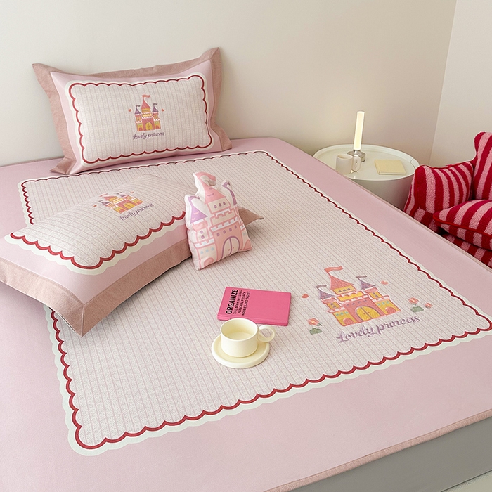 91家纺网 家纺一手货源 找家纺 懒猫家纺 2026新款1200D冰丝印花刺绣凉席床笠款床席款 城堡-床笠款