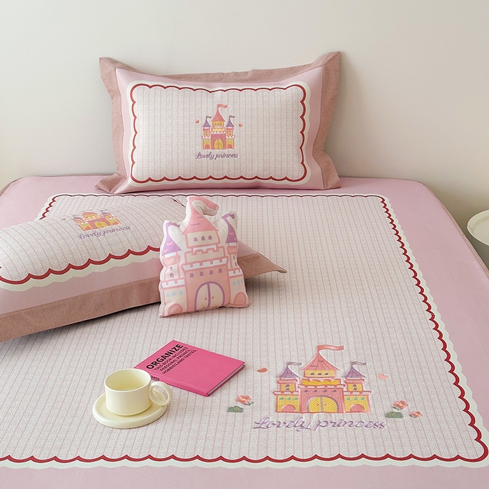 91家纺网 家纺一手货源 找家纺 懒猫家纺 2026新款1200D冰丝印花刺绣凉席床笠款床席款 城堡-床笠款