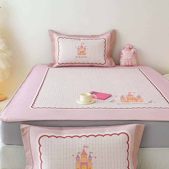 91家纺网 家纺一手货源 找家纺 懒猫家纺 2026新款1200D冰丝印花刺绣凉席床笠款床席款 城堡-床笠款