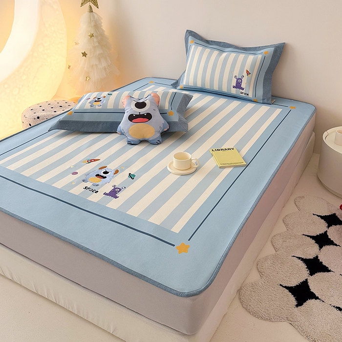 91家纺网 家纺一手货源 找家纺 懒猫家纺 2026新款1200D冰丝印花刺绣凉席床笠款床席款 怪兽星球-床笠款