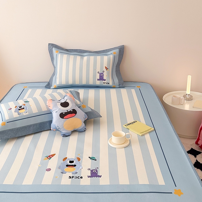 91家纺网 家纺一手货源 找家纺 懒猫家纺 2026新款1200D冰丝印花刺绣凉席床笠款床席款 怪兽星球-床笠款