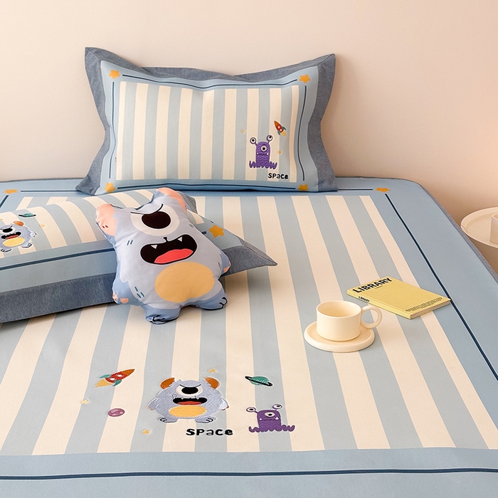 91家纺网 家纺一手货源 找家纺 懒猫家纺 2026新款1200D冰丝印花刺绣凉席床笠款床席款 怪兽星球-床笠款