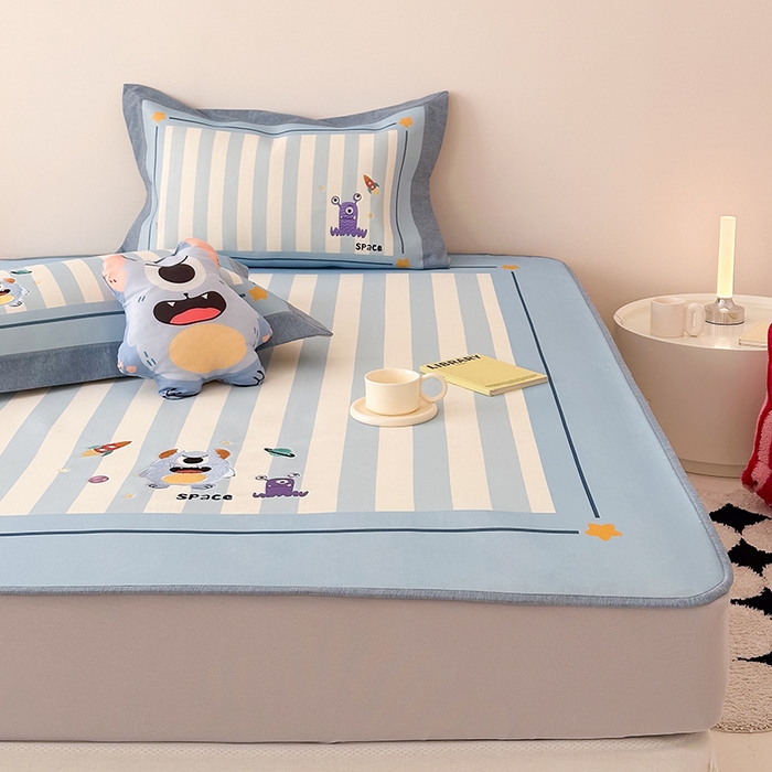 91家纺网 家纺一手货源 找家纺 懒猫家纺 2026新款1200D冰丝印花刺绣凉席床笠款床席款 怪兽星球-床笠款