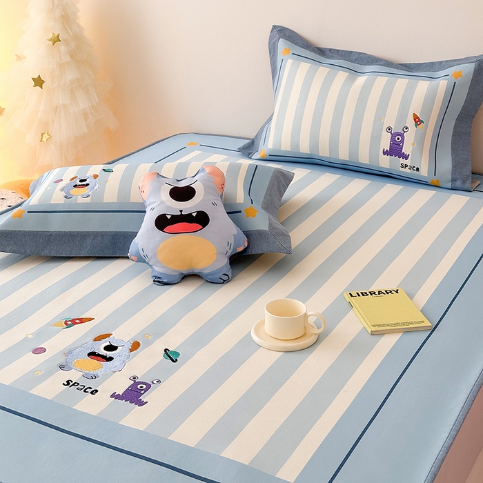 91家纺网 家纺一手货源 找家纺 懒猫家纺 2026新款1200D冰丝印花刺绣凉席床笠款床席款 怪兽星球-床笠款