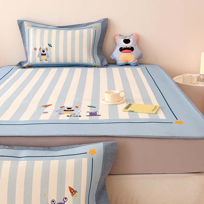 91家纺网 家纺一手货源 找家纺 懒猫家纺 2026新款1200D冰丝印花刺绣凉席床笠款床席款 怪兽星球-床笠款