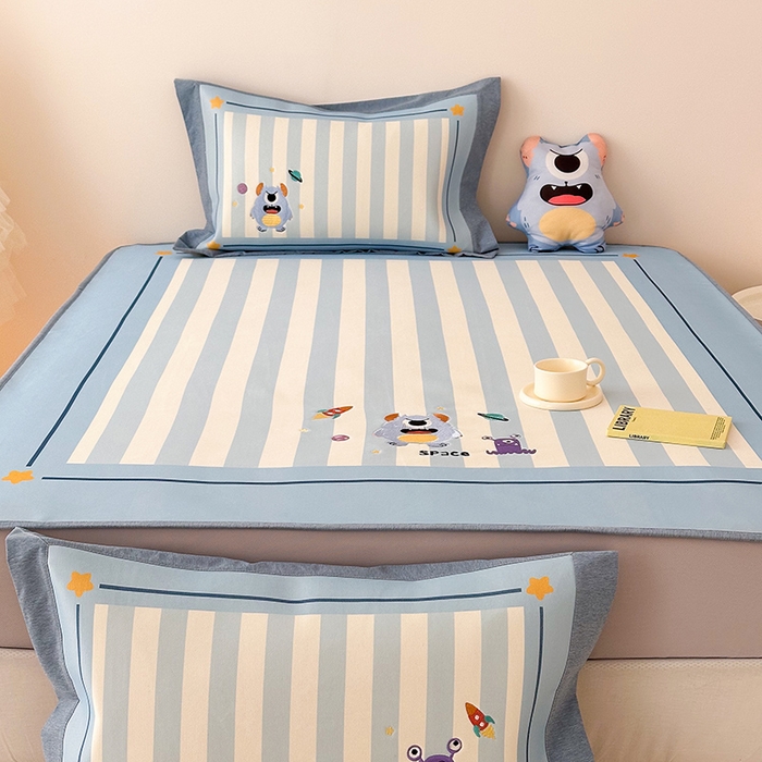 91家纺网 家纺一手货源 找家纺 懒猫家纺 2026新款1200D冰丝印花刺绣凉席床笠款床席款 怪兽星球-床笠款